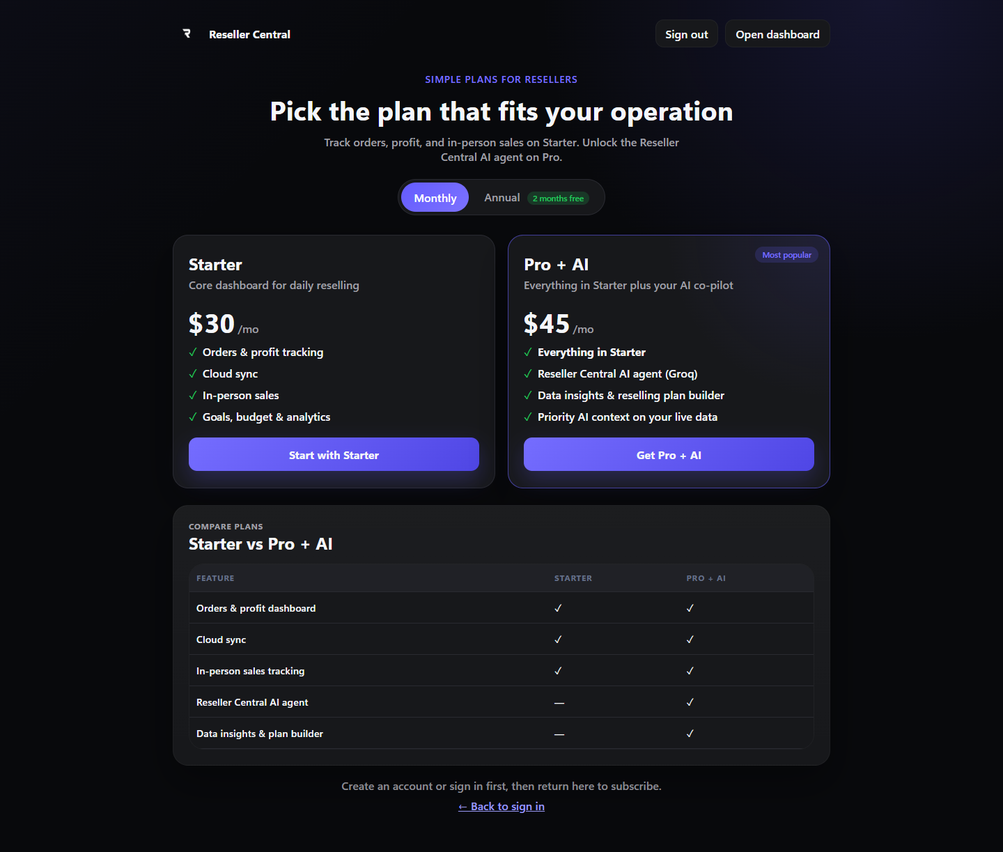 Pricing page